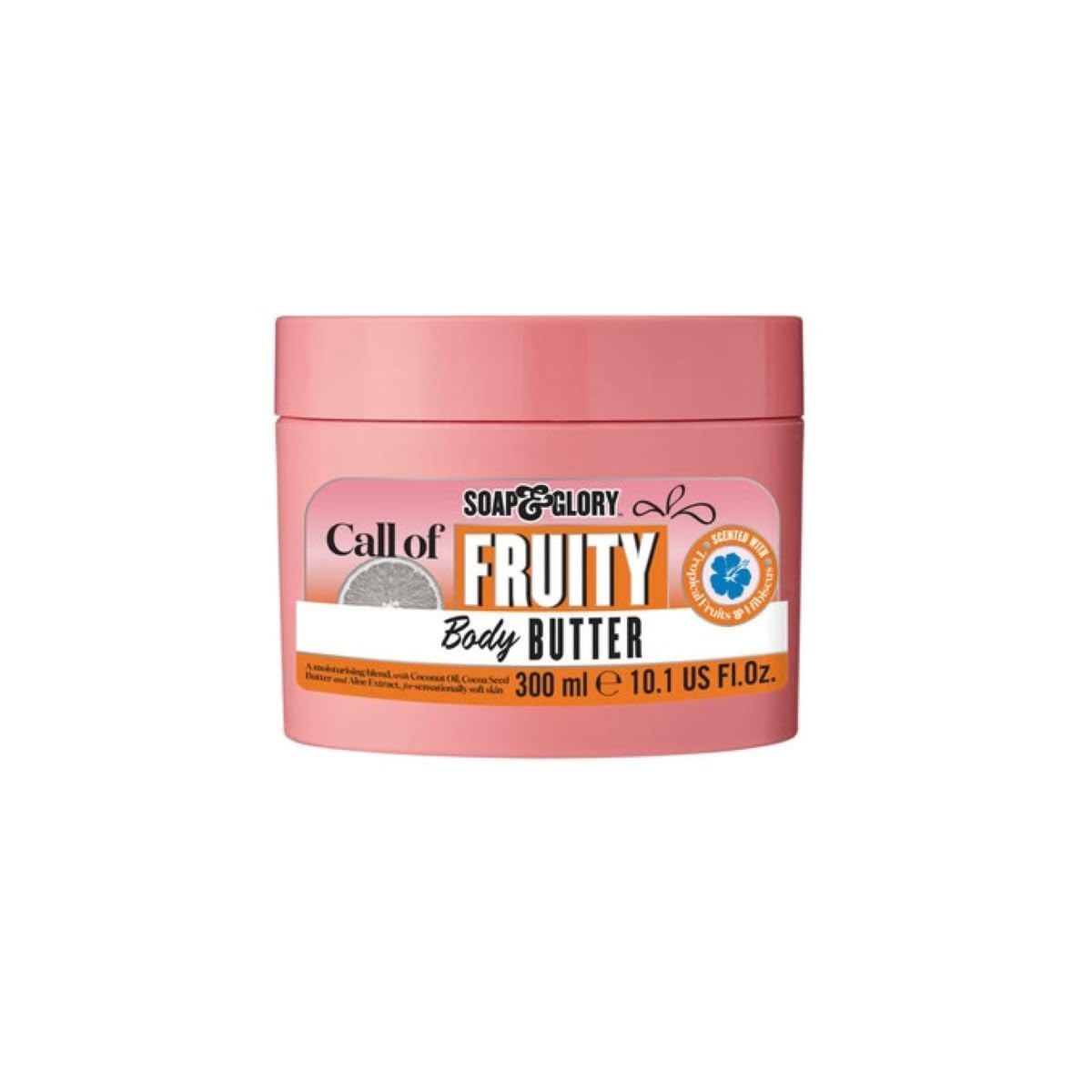Soap & Glory Call of Fruity Body Butter in a 300 ml coral tub with grapefruit artwork, scented with tropical fruits and hibiscus