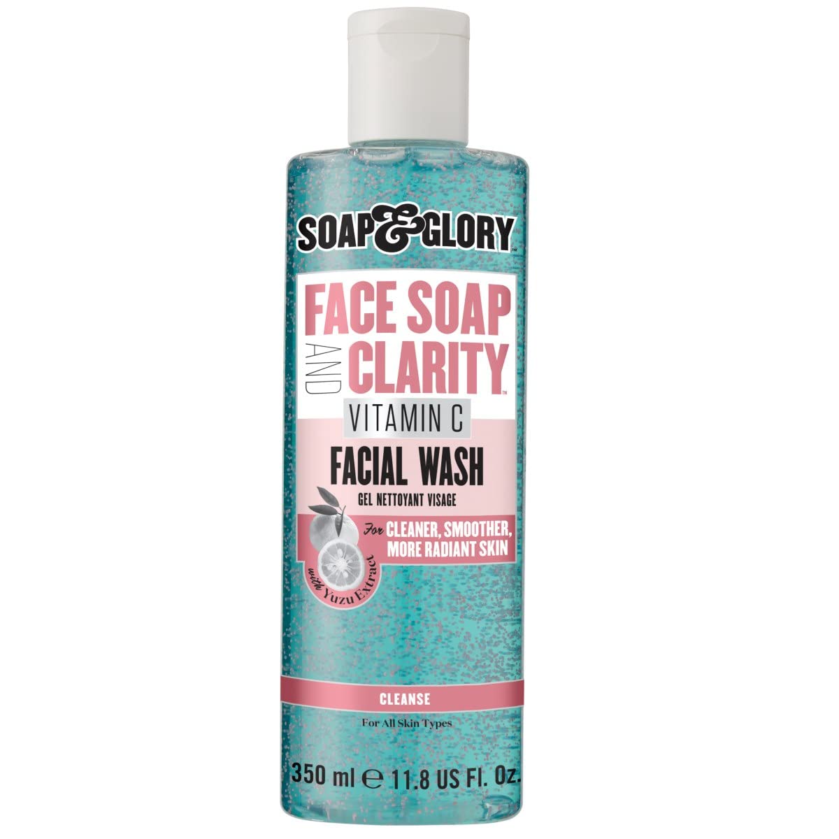 Soap & Glory Face Soap and Clarity vitamin C facial wash, a 350 ml bottle of blue gel with yuzu extract