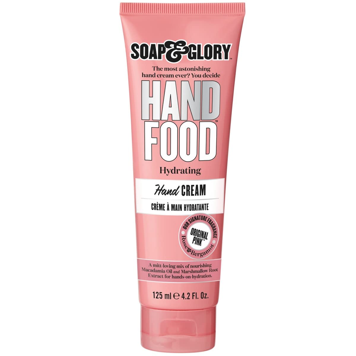 Soap & Glory Hand Food hydrating hand cream in a 125 ml pink tube with macadamia oil and marshmallow root extract