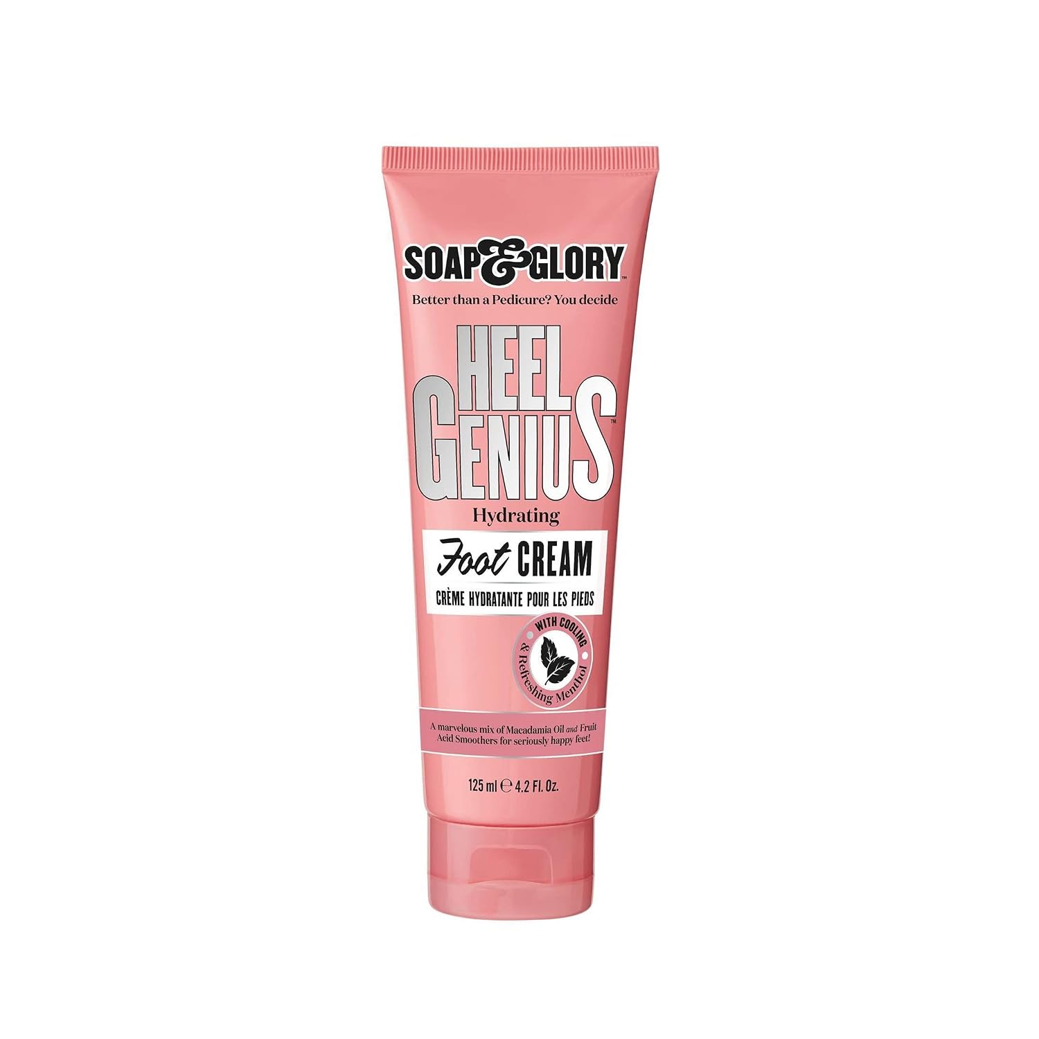 Soap & Glory Heel Genius hydrating foot cream in a 125 ml pink tube with macadamia oil, fruit acids and cooling menthol