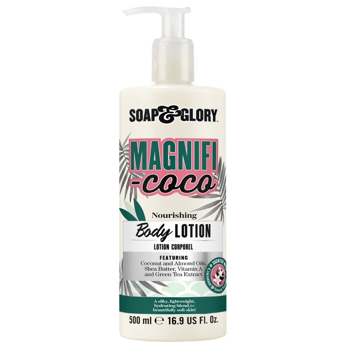 Soap & Glory Magnifi-Coco Nourishing Body Lotion, a 500 ml cream pump bottle with palm-leaf artwork, scented with coconut and sweet vanilla