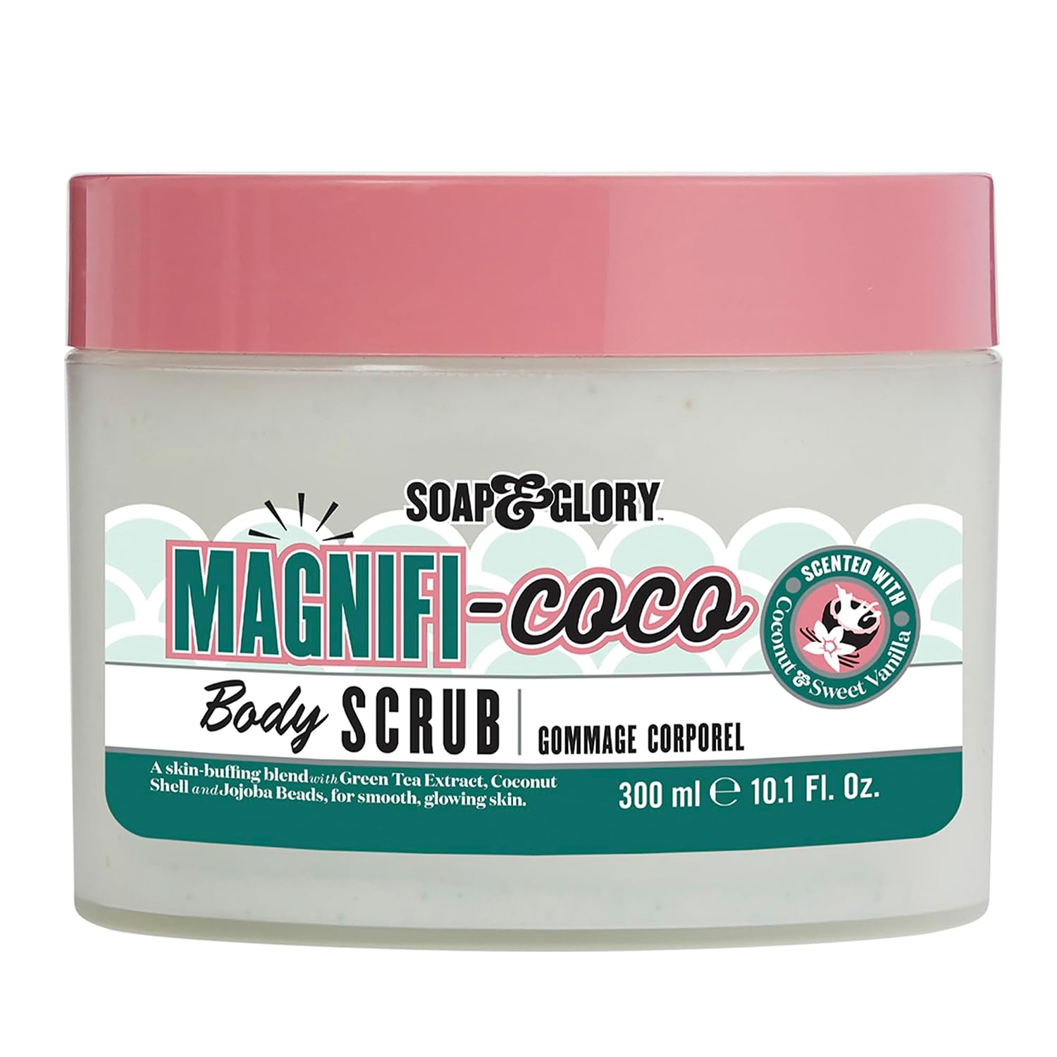 Soap & Glory Magnifi-Coco Body Scrub in a 300 ml tub with a pink lid, containing green tea extract and coconut shell beads