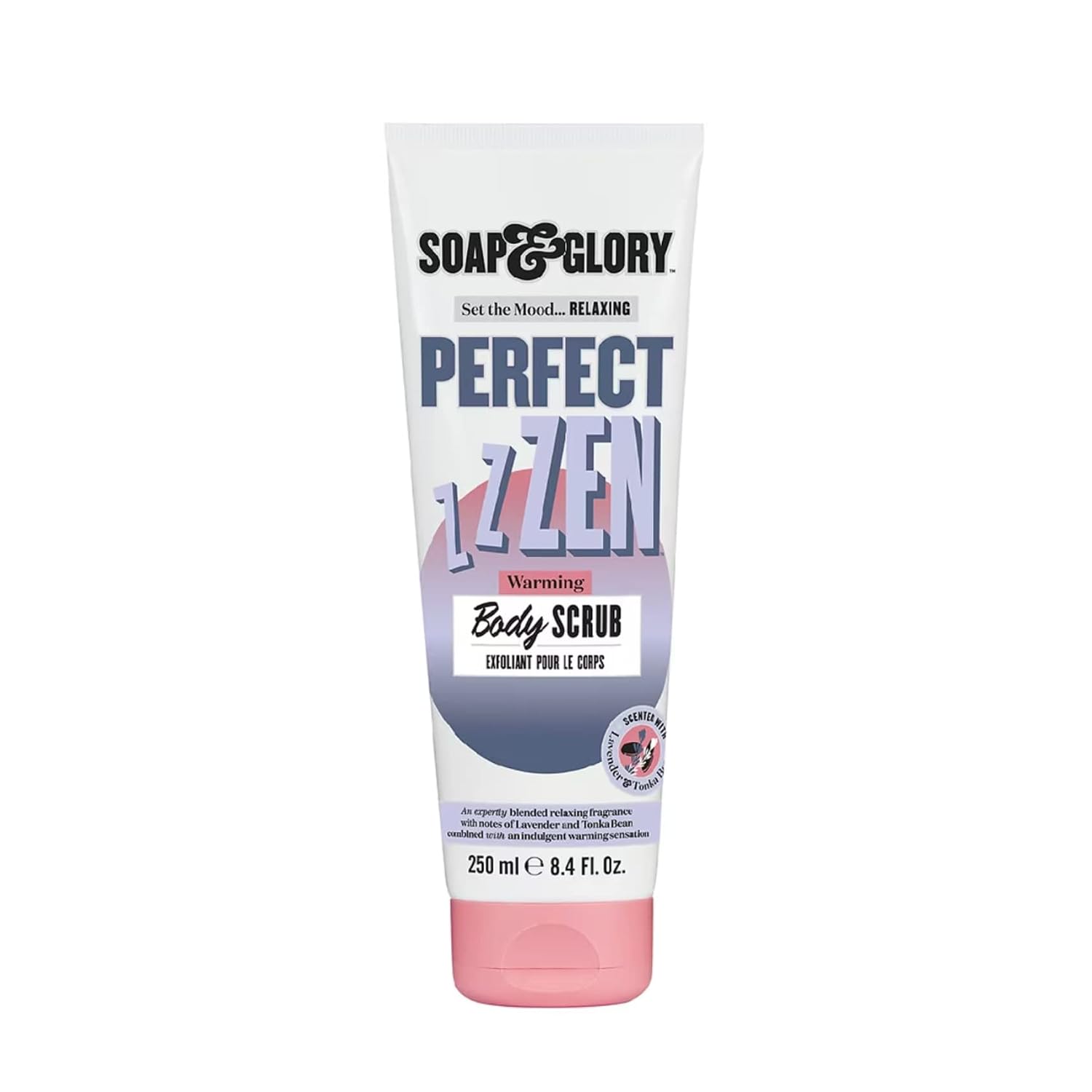 Soap & Glory Perfect Zen warming body scrub in a 250 ml white and lilac tube scented with lavender and tonka bean
