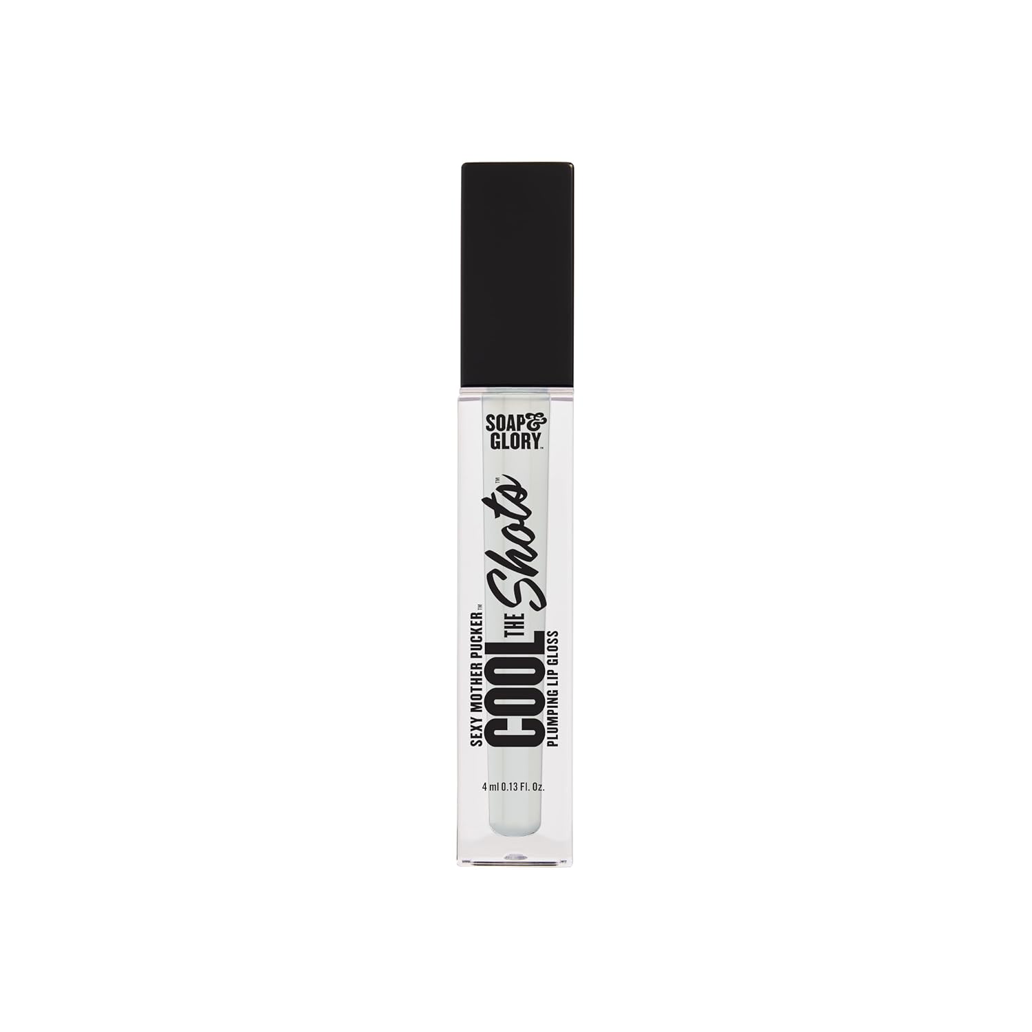 Soap & Glory Sexy Mother Pucker Cool the Shots plumping lip gloss, a clear 4 ml wand applicator with a black cap