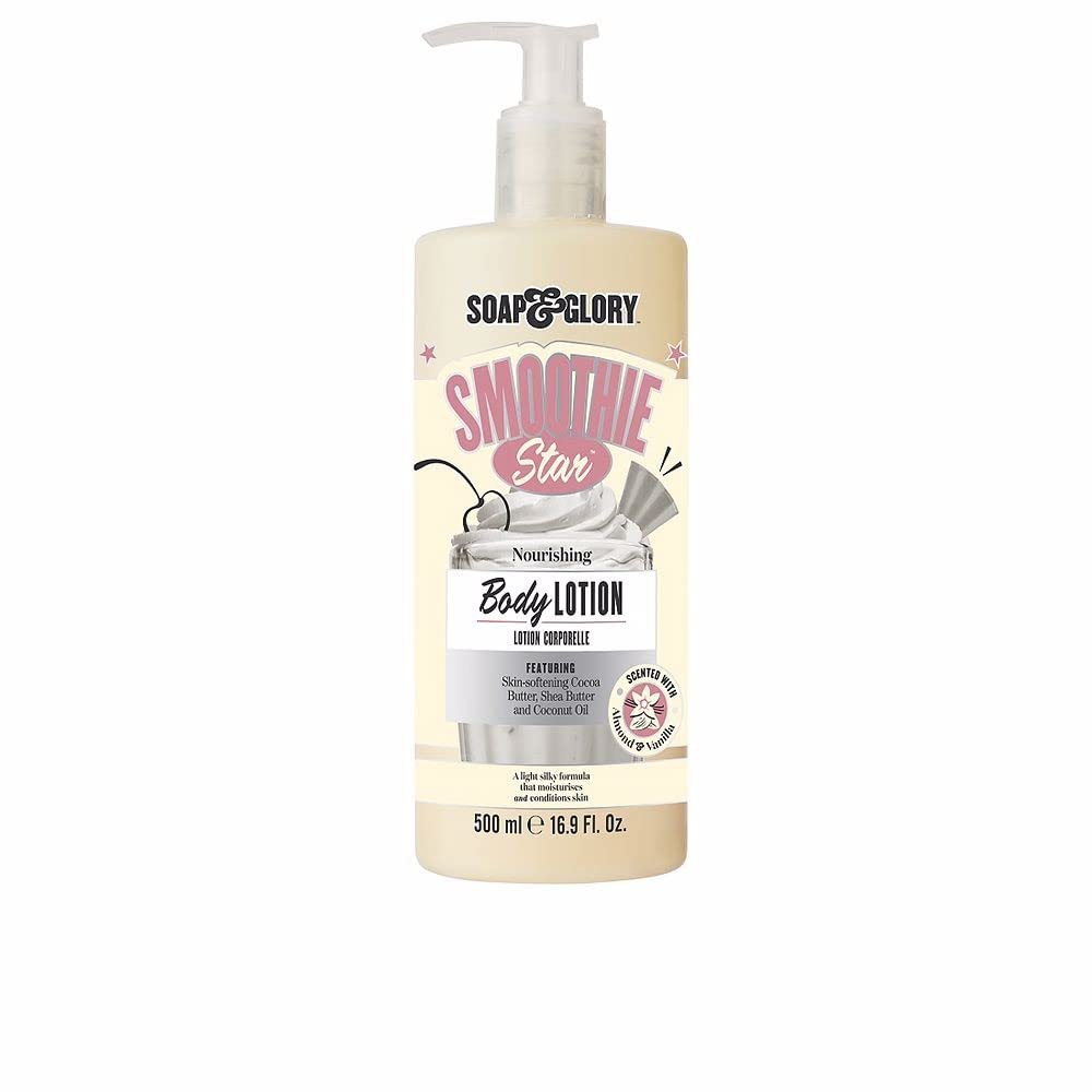 Soap & Glory Smoothie Star Nourishing Body Lotion in a 500 ml cream pump bottle with cocoa butter and coconut oil, almond and vanilla scent