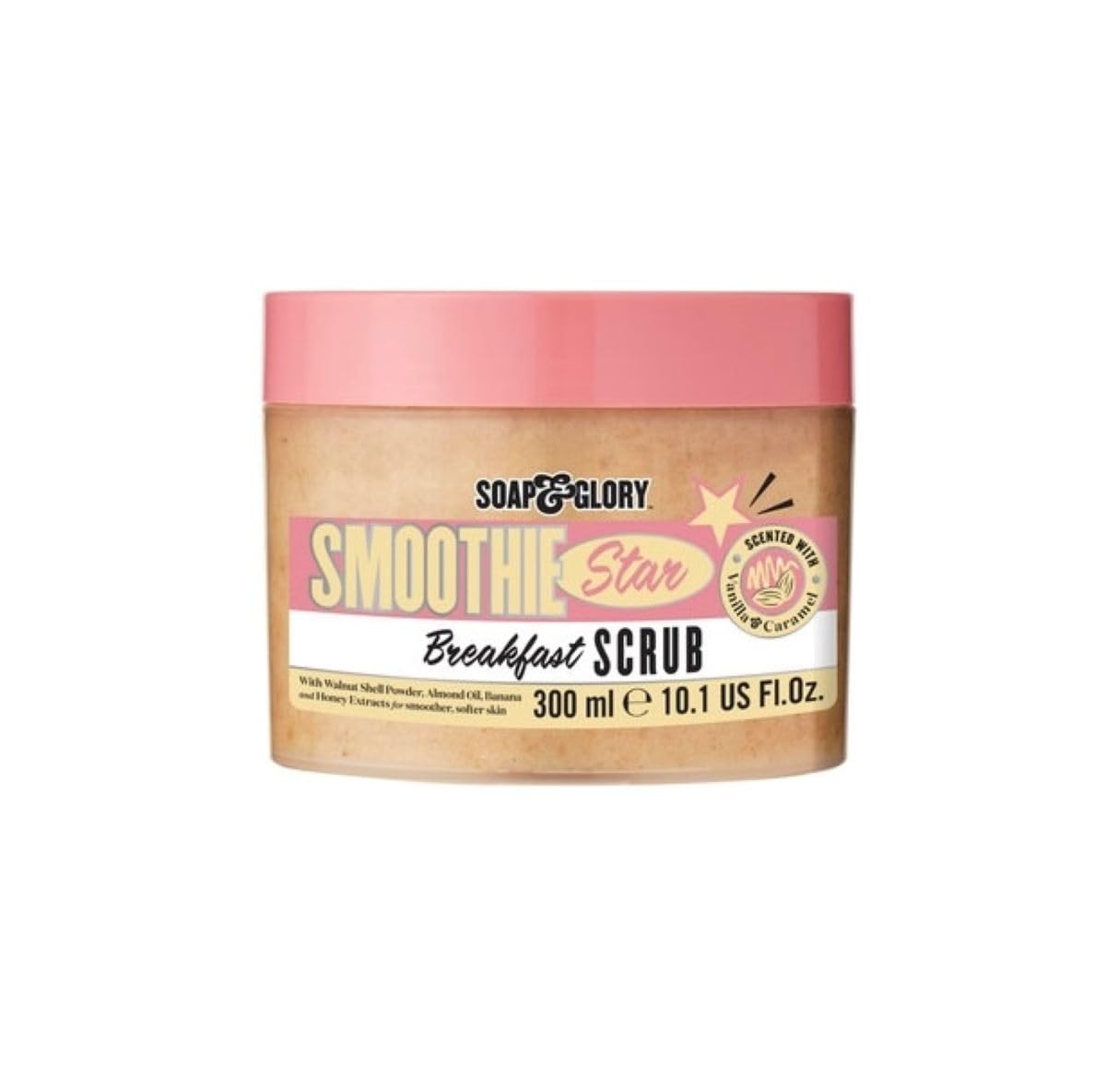 Soap & Glory Smoothie Star Breakfast Scrub in a 300 ml tub with a pink lid, scented with vanilla and caramel